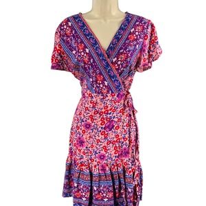 ZESICA Floral Wrap Midi Dress M Pink Purple Blue Flutter Sleeve Ruffle Hem Boho